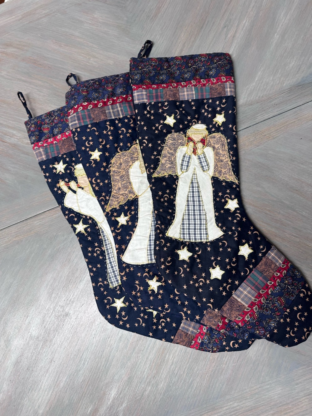 Vintage Quilted Christmas Stockings with Angels (set of 3)